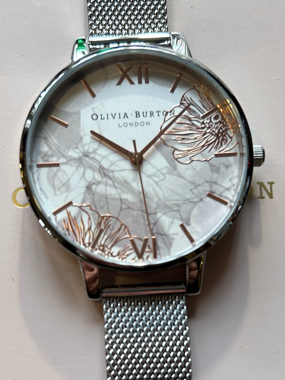 OLIVIA BURTON ABSTRACT FLORALS WATCH WITH 38MM SILVER FACE WITH MESH-BRACELET